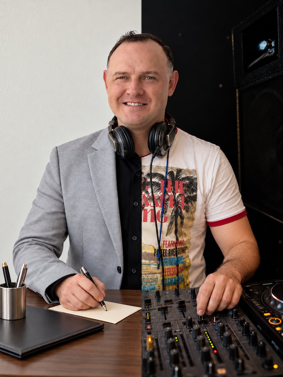 Split portrait of Denis Barkov: gray business suit and notebook on the left, headphones and DJ mixer on the right